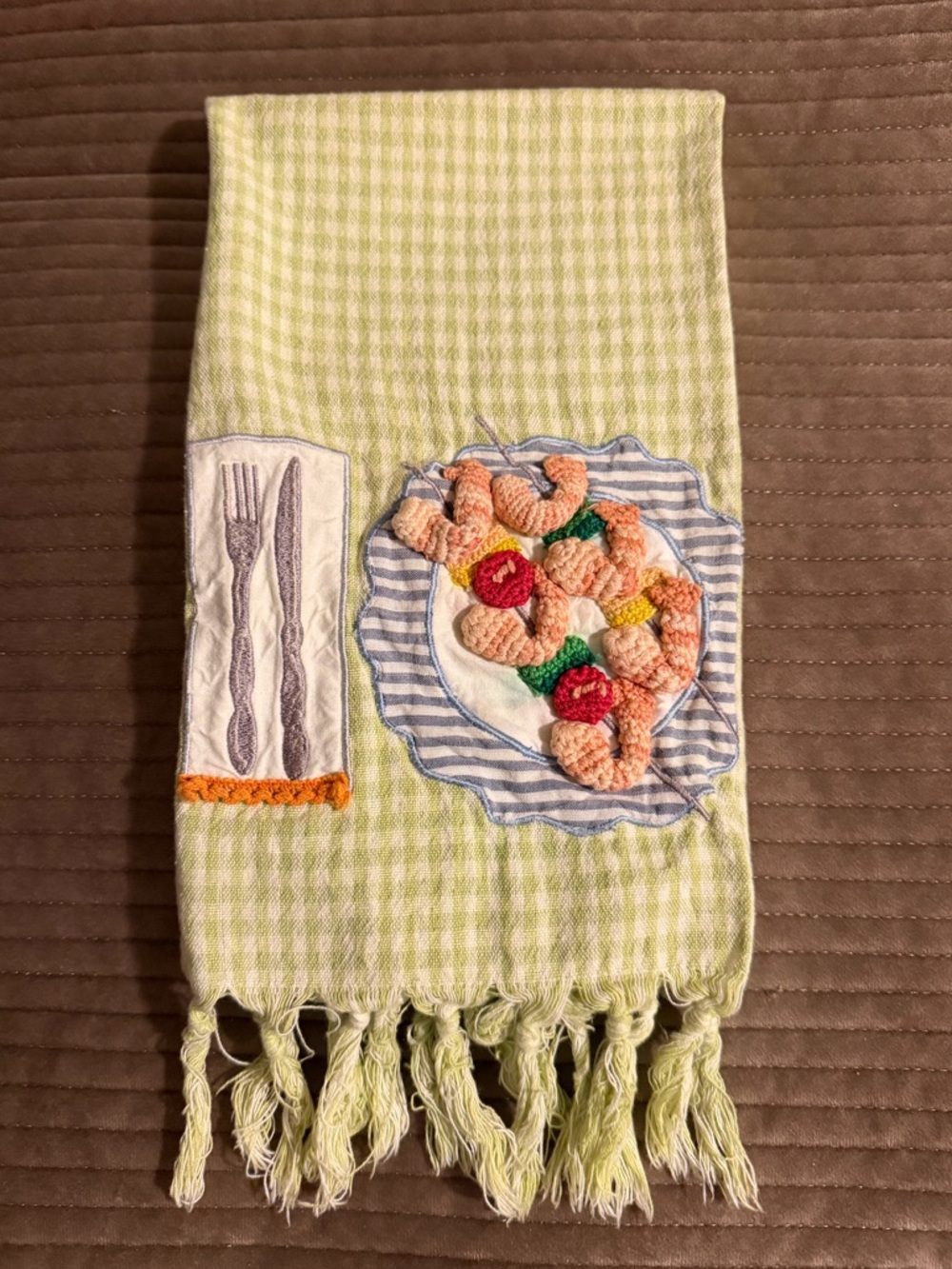 Anthropologie Embroidered Shrimp Dinner Kitchen Tea Towel